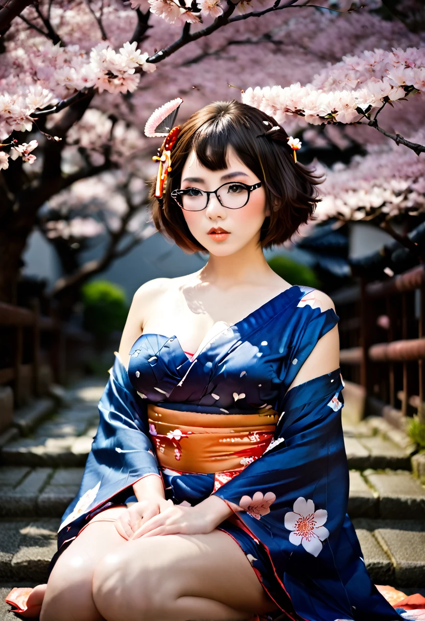 score_9, score_8_up, score_7_up, score_6_up, score_5_up, score_4_up, sexy asian girl, 1girl, japanese geisha, 20 years old, face close up, full body portrait, (geisha hairstyle), very short hair, wearing eyeglasses, big brown eyes, nihongami, geisha makeup, modest look, seducing viewer, hearts, posing, sexy pose, solo, blue floral kimono, off shoulder, bonsai, sakura, cherry blossom, submission, sunset, flowers, plants, cinematic lightings