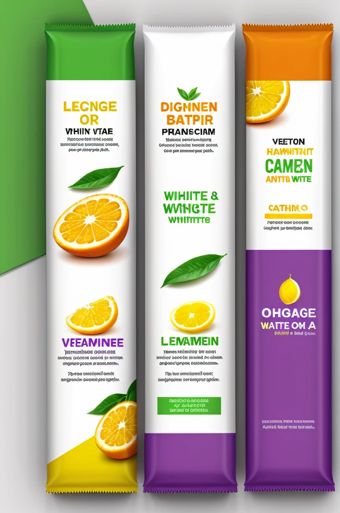 Three Bar Wrapper Design , 1 orange vitamin with white , another that is made of purple and white protein, another lemon green calcium color with white 