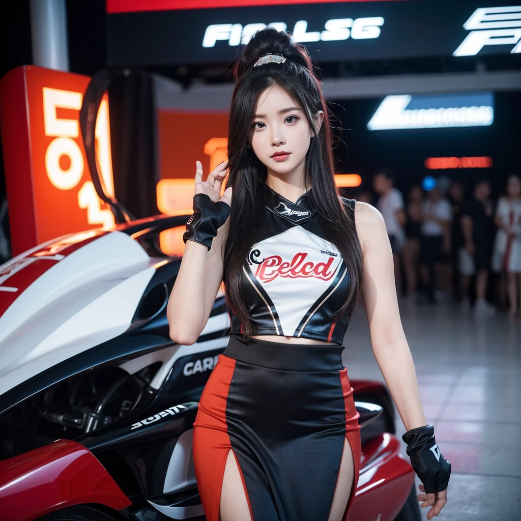 Cool woman、Colorful costumes、F1 Driver Cosplay、Colorful costumes、Clothing with company logo、Grid Girlsのカラフルで派手な衣装、Grid Girls、Perfect Face、Paddock Girls、Harem、motor Show、tights、Bodycon Costumes、Grid Girls、Russia、Grid Girlsのコスプレ、belly button、Pleated skirt、Bodycon Costumes、Photographed in a sexy pose