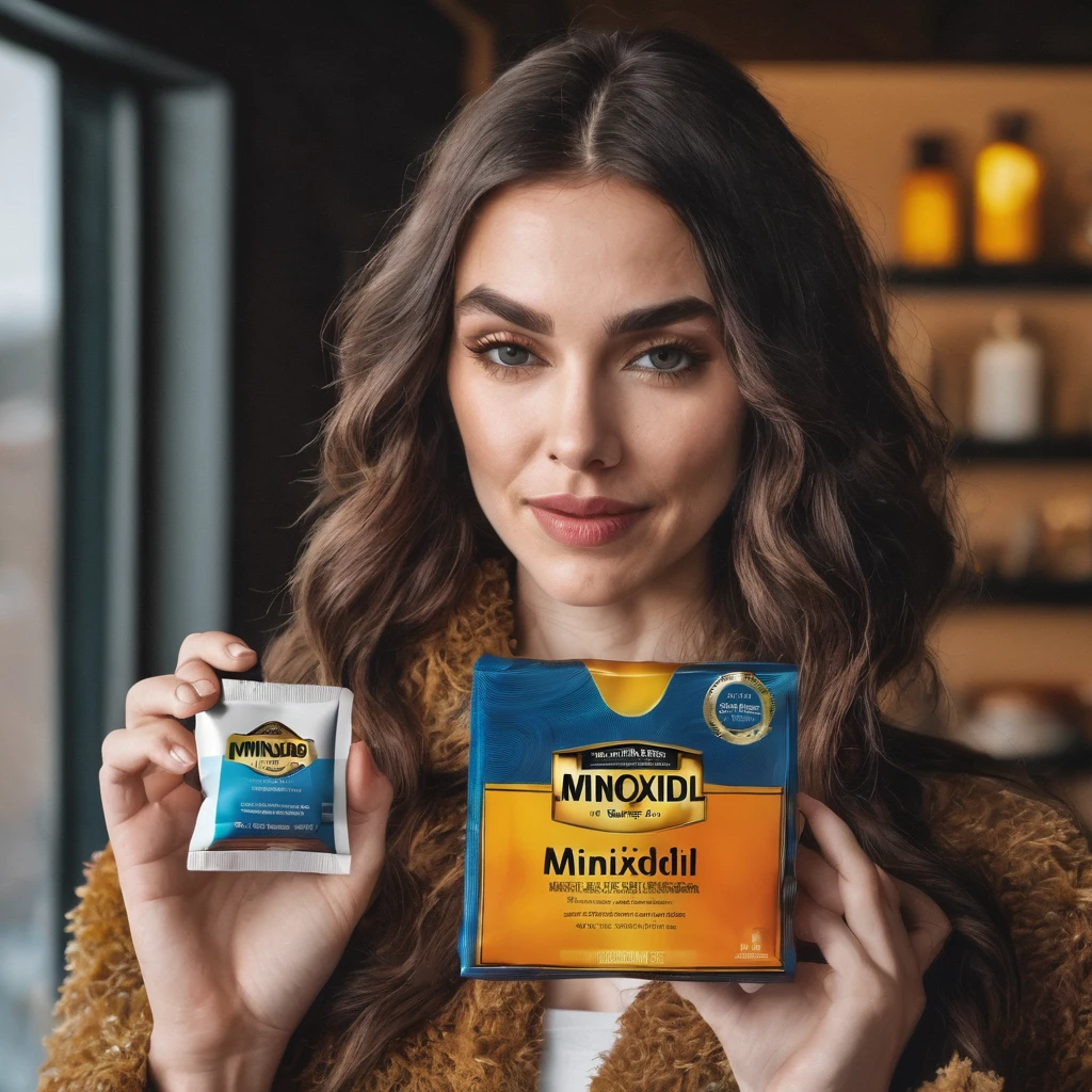 extremely bearded shaggy and hairy woman, hold a packet of minoxidil kirkland in her hands