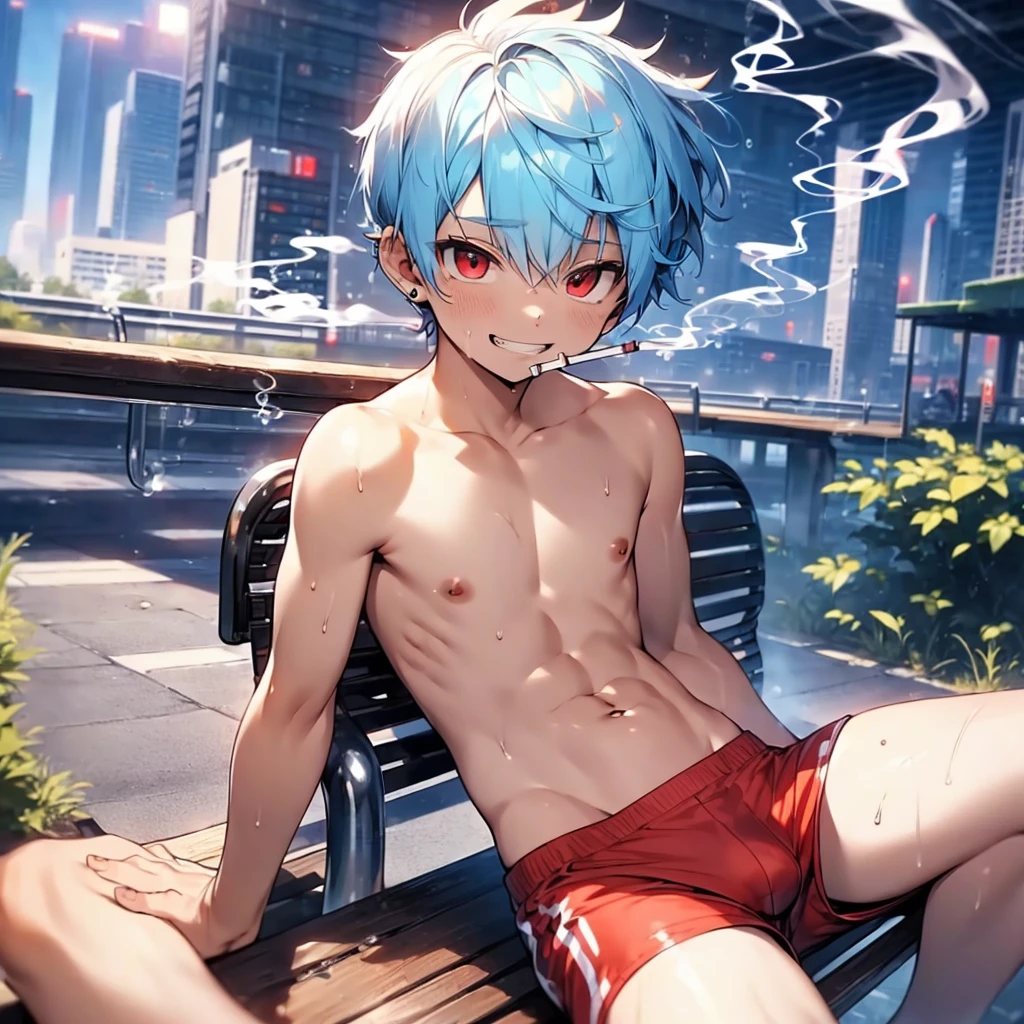 (solo:2), (boldline:-1.8), (smoking:1.6), (((bubble))), (sitting on bench:1.5), (spread legs:1.5), (((fang))), (((best finger))), BREAK (best quality:1.5), (absolutely resolution:1.5), (ultra detailed:1.5), (masterpiece:1.5), (perfect face), (detailed face), (detailed eyes), (best eyes), (cute face), (shota:2), BREAK (topless:1.5), BREAK (red short pants:1.5), (see throgh wet clothes:1.2), (bulge:1.6), (skinny:1.3), (spiked hair), BREAK (light blue hair:1.5), (wine red eyes:1.4), (eyes with highlight:1.6), ((mole under eye)), (sweaty skin), (light skin), (grin:1.5), ((earrings)), (shiny skin:1.3), BREAK (garden), (building:1.5), (at twilight:1.5), ((wind blowing)), ((nipple)), (abs), (groin),