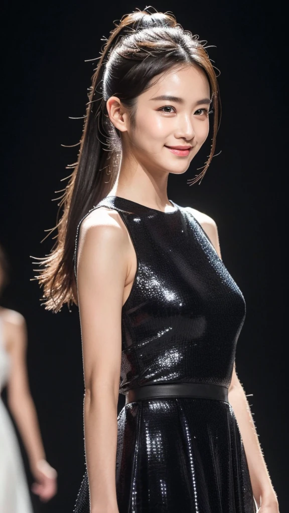 One Woman,Full body photo,Tabletop, Best image quality, high quality, The background is clear,Beautiful woman, Japanese, detailed, detailed eyes, detailed skin, Beautiful Skin, 超High resolution, (reality: 1.4),Very beautiful woman, A slightly younger face, Beautiful Skin, thin, (Ultra-photorealism), (High resolution), (8K), (非常にdetailed) (Beautiful and detailed eyes), (非常にdetailedな), (detailed face), Displaying the viewer, Fine details, detailed face, Staring straight ahead, Staring straight ahead, Photo Real, Bright lighting, Professional Lighting, Black Hair,ponytail,Baby Face,16 years old,髪型はponytail,ロングponytailの髪型,smile,Wearing a beautiful long dress、Walking the runway at a fashion show、on stage