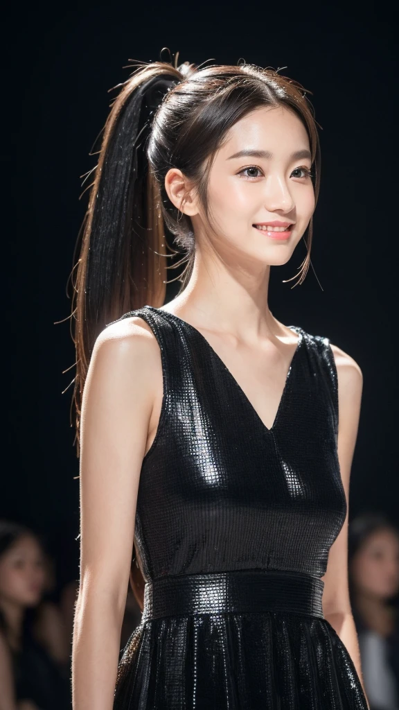One Woman,Full body photo,Tabletop, Best image quality, high quality, The background is clear,Beautiful woman, Japanese, detailed, detailed eyes, detailed skin, Beautiful Skin, 超High resolution, (reality: 1.4),Very beautiful woman, A slightly younger face, Beautiful Skin, thin, (Ultra-photorealism), (High resolution), (8K), (非常にdetailed) (Beautiful and detailed eyes), (非常にdetailedな), (detailed face), Displaying the viewer, Fine details, detailed face, Staring straight ahead, Staring straight ahead, Photo Real, Bright lighting, Professional Lighting, Black Hair,ponytail,Baby Face,16 years old,髪型はponytail,ロングponytailの髪型,smile,Wearing a beautiful long dress、Walking the runway at a fashion show、on stage