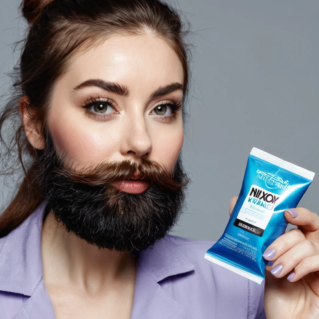 extremely bearded shaggy and hairy woman, hold a packet of minoxidil kirkland in her hands