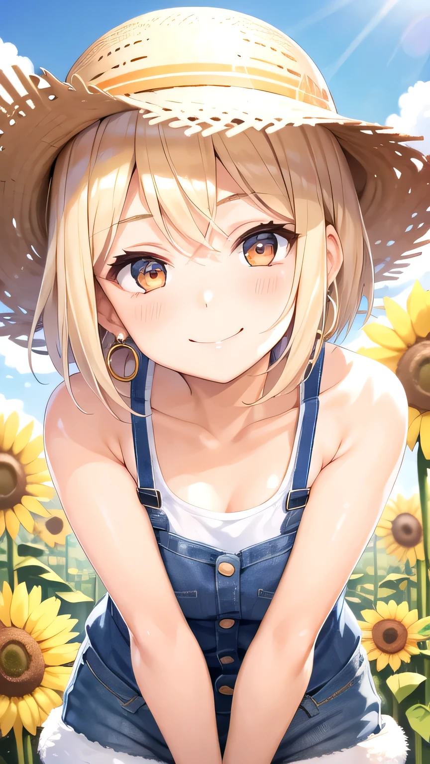 20 year old girl、Blonde、Short Hair、Symmetrical and beautiful face、A little young face、Big eyes、Beautiful hair down to the last detail、Orange Eyes、Straw hat、An innocent smile、Hoop Earrings、White tank top、Denim shorts、The background is a sunflower field、Whole body image、Masterpiece