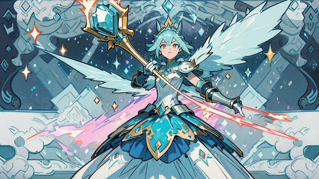 a minecraft background showing mountains and a dungeon. In the middle, a minecraft avatar with bright blue diamond armor in heroic pose, flying forward with wings. In a corner, the minecraft dragon throwing purple fire, with an expression of concern. Add glitter and sparkles to the armor, and arrows that guide the eye towards the dragon. Includes light and shadow effects for depth, with light borders around the avatar.
