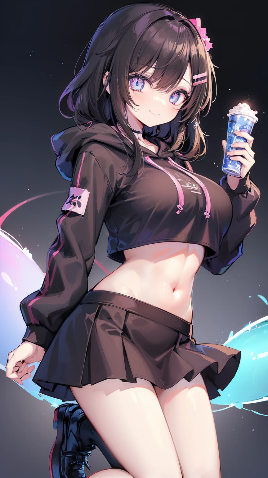 girl, (Lower Bust:1.4),Big sagging breasts、(Smile:1.5),Colored undercoat,长长of灰白头发:1.5,蓬乱of长发:1.35,Black long hair,复杂of发型,(((neon_粉色of_With eyes:1.3))),复杂of眼睛,美丽而精致of眼睛,Symmetrical eyes)),(Lower abdomen,Willow Waist,Wide hips,Athlete physique,Inflatable legs,Detailed body), 可爱of大乳房,of,((((Cropped Hoodie,)))),(((miniskirt))) (Dynamic poses:1.0),Just focus,Embarrassing,(Centrally located,Scale to Fit,Rule of Thirds), Neon lights are particularly eye-catching, very bright neon light,at night, starry night, universe, Art Photography,(Photo by sldr),high resolution, Focus, (写实of艺术品:1.37),(extremely detaildof CG unified 8k wallpapers),((new year'Background theme)),(((Bright colors))),