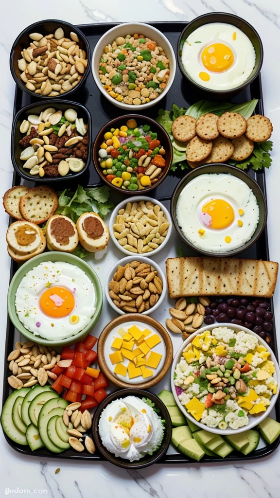Colorful and Varied Keto Lunch Platter: A beautifully arranged platter with various keto-friendly foods, such as -Cheese sticks
-Boiled eggs
-Nuts handy