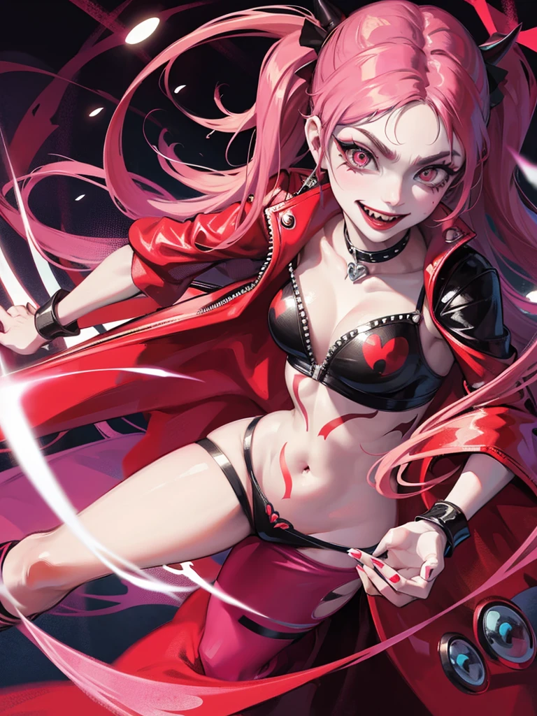 a harley quinn type psycho joker design with pink eyes and detailed dress