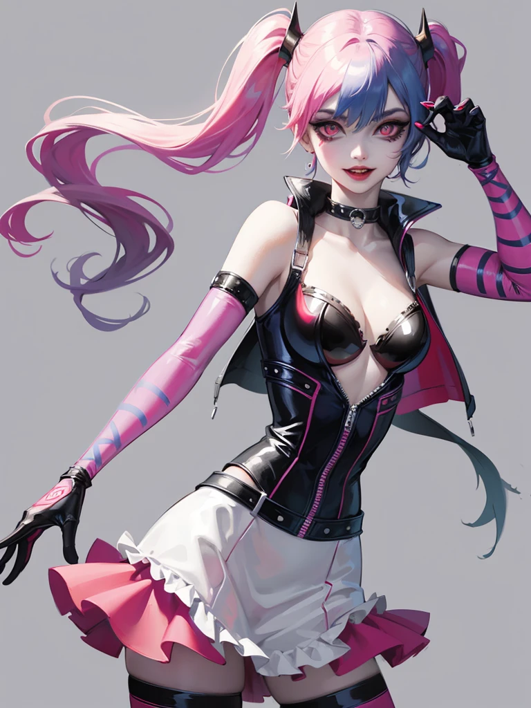 a harley quinn type psycho joker design with pink eyes and detailed dress