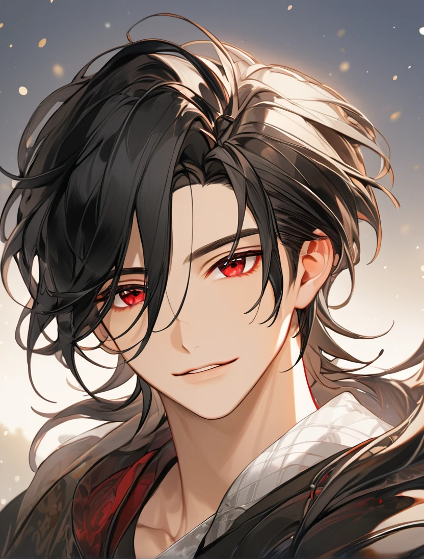 (Black_Hair), (red_ruby_eyes), (Handsome), (attractive), (male), (close_up_shot), (detailed_eyes), (detailed_hair), (clean_hair), (carefree_expression), (vertical_pupils), (peaceful_atmosphere), (jawline), 