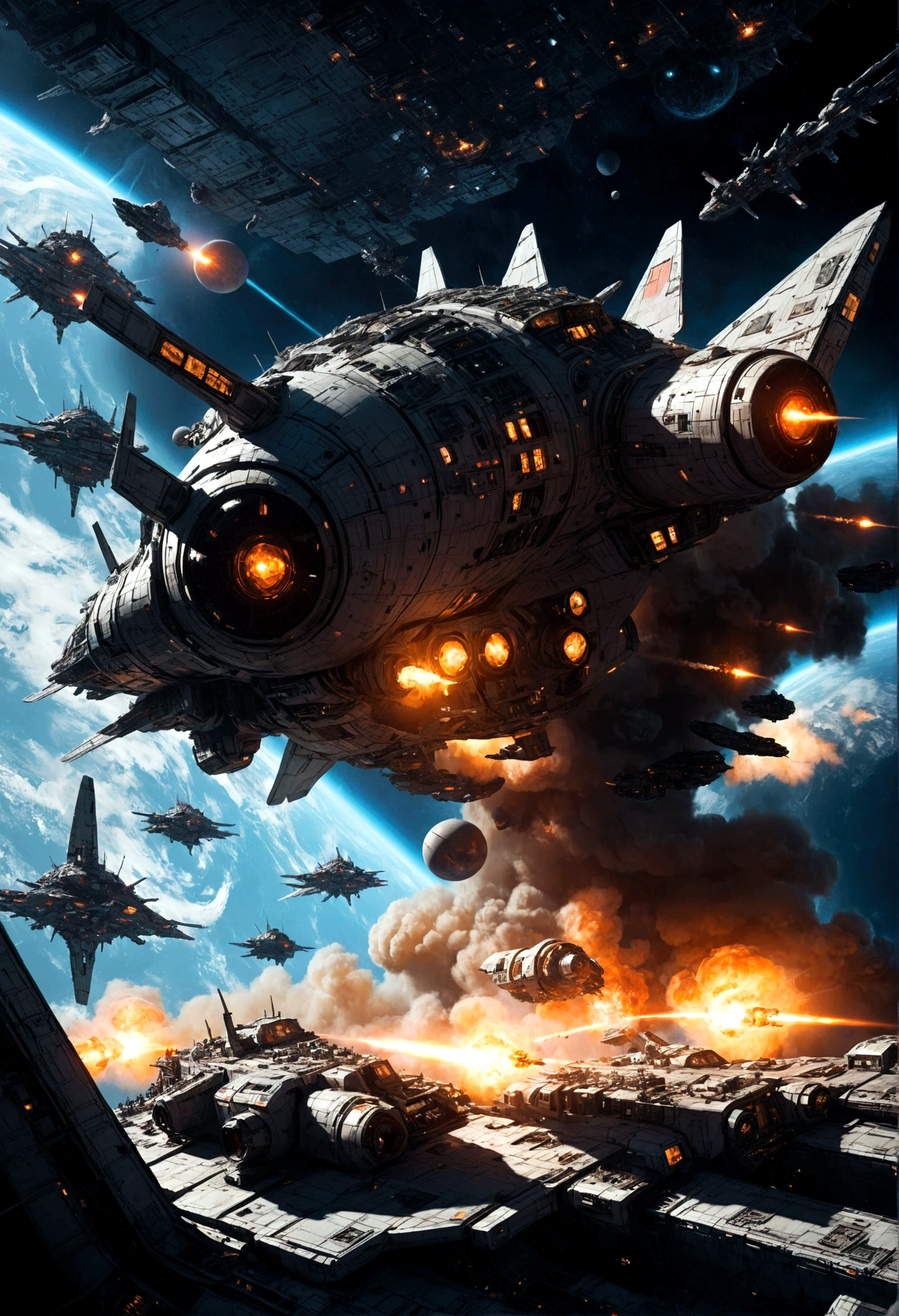 Space War, high quality, space pirates fleet attacking a giant imperial space station :: futuristic space combat, space combat, spaceships, space station, a supernova in the background, explosions, lasers, dogfight, space armada, space battle, outer space, sci-fi, by Ivan Laliashvili, concept art, environment concept art, best of artstation, cgsociety, rule of thirds, asymmetrical composition, cinematic lighting, cinematic shot, oil on canvas, clean strokes, 8k resolution, highly detailed, masterpiece, best quality, very aesthetic, absurdres