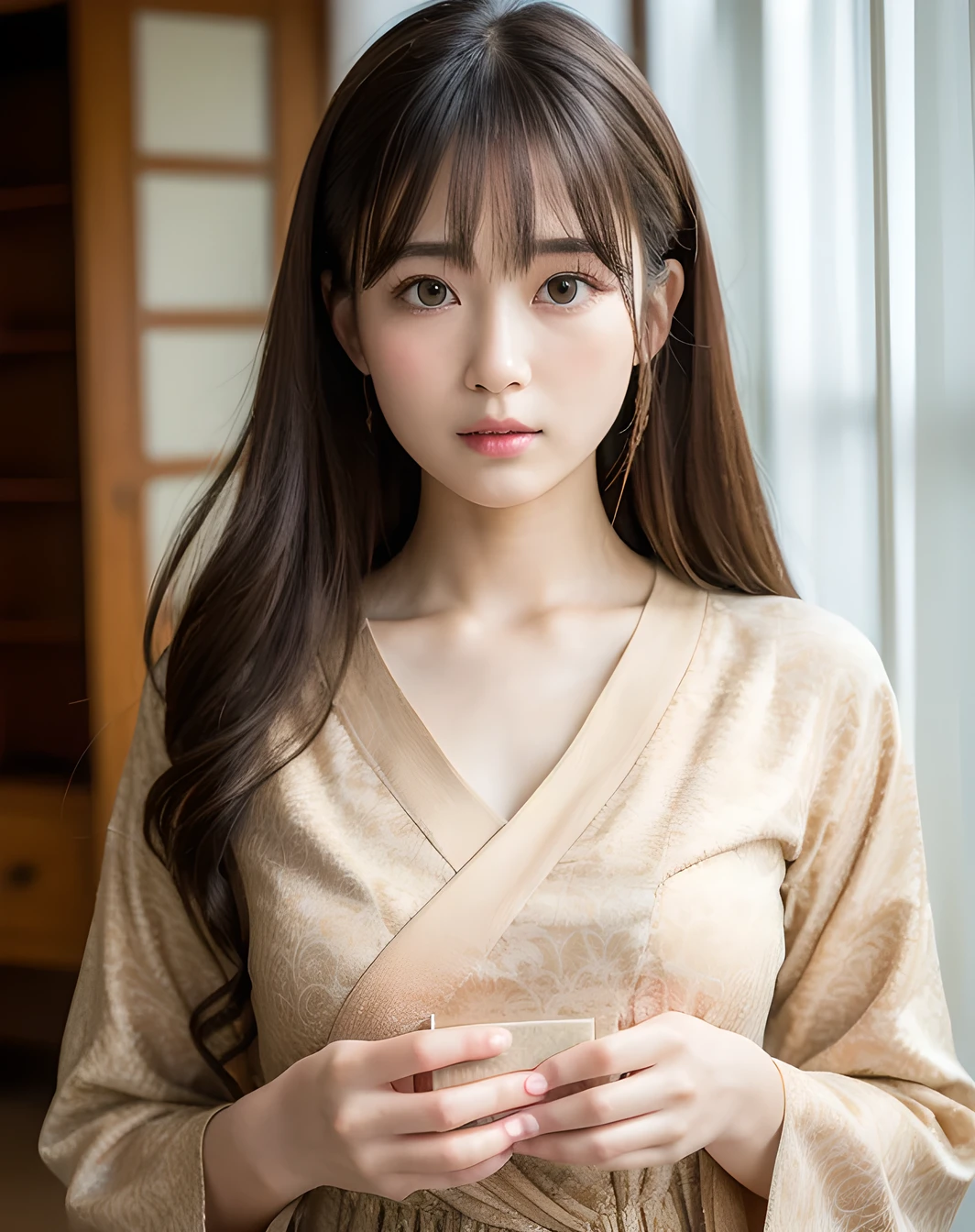 highest quality, face focus, soft light, ultra high resolution, (realistic:1.4), RAW photo,
1 japanese girl, alone, cute, (pupil, light in the eyes),  detailed beautiful face, (),(High resolution details of human skin texture),
(long hair),
indoor,
damask shirt dress,
(portrait),