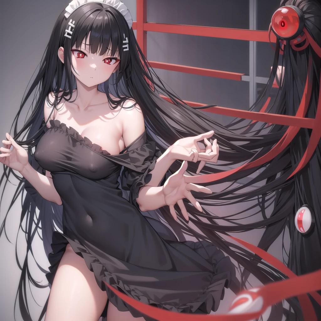 Rivertsukatsuki, River, black hair, (red eyes:1.5), hair ornament, hairclip, Halation, long hair,
、Extremely large breasts(7200)、、I can see your chest、Nipples are visible、Off-the-shoulder maid uniform、Black frill mini dress、Front facing、