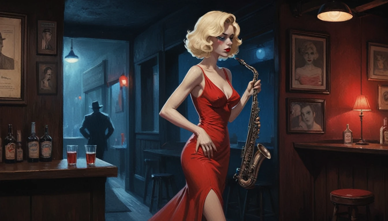 robert johnson, gritty, alabama bar, blue note, charismatic, red dress, illustration, noir fantasy, lone blonde lady, sad ending, saxophonist