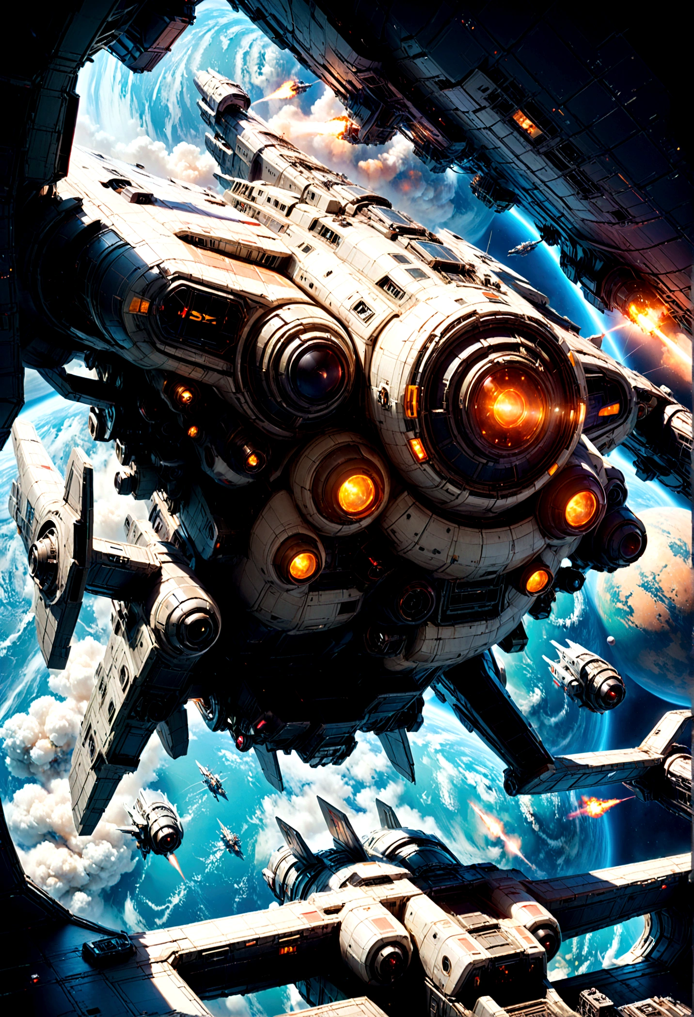 Space War, high quality, space pirates fleet attacking a giant imperial space station :: futuristic space combat, space combat, spaceships, space station, a supernova in the background, explosions, lasers, dogfight, space armada, space battle, outer space, sci-fi, by Ivan Laliashvili, concept art, environment concept art, best of artstation, cgsociety, rule of thirds, asymmetrical composition, cinematic lighting, cinematic shot, oil on canvas, clean strokes, 8k resolution, highly detailed, masterpiece, best quality, very aesthetic, absurdres