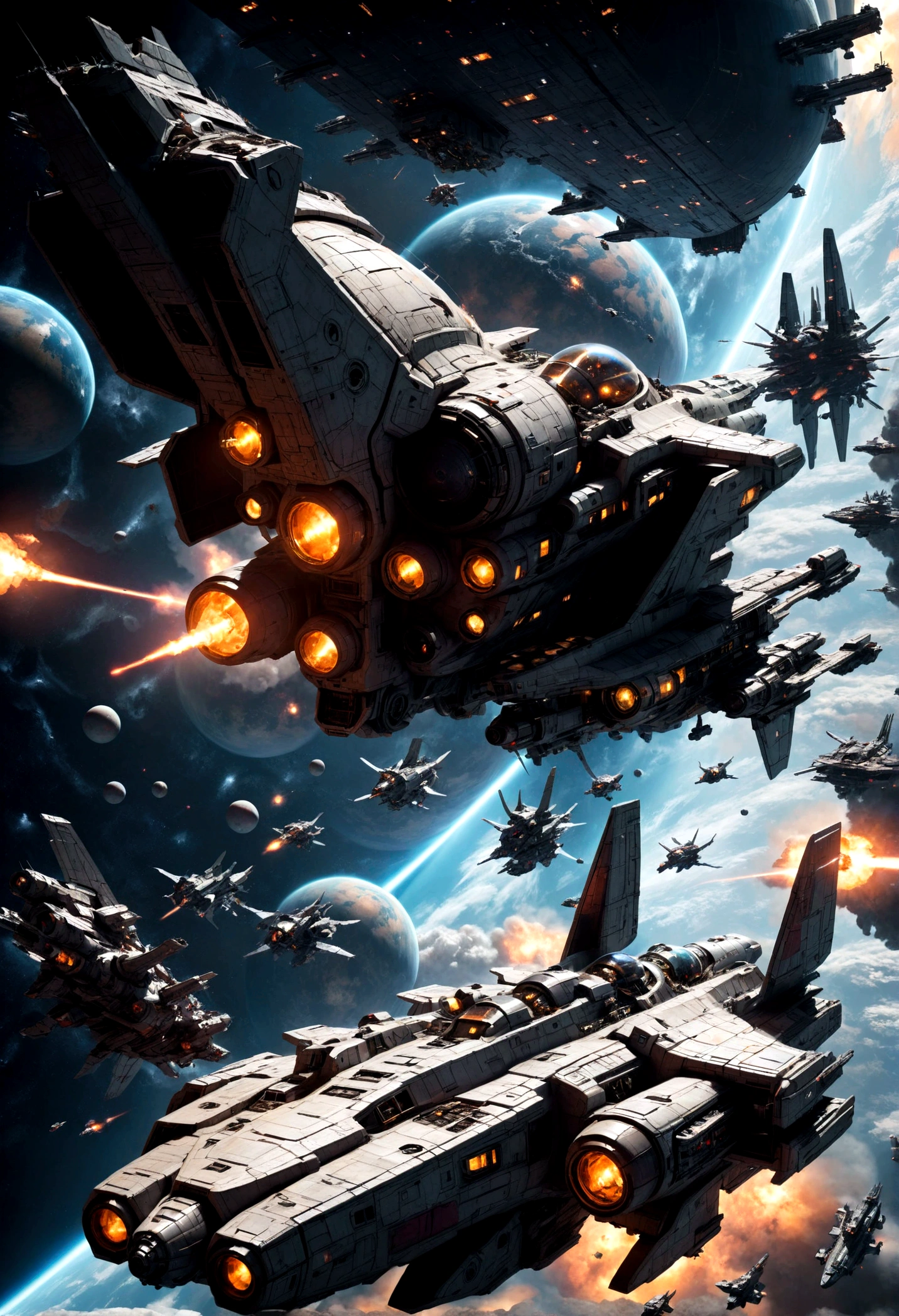 Space War, high quality, space pirates fleet attacking a giant imperial space station :: futuristic space combat, space combat, spaceships, space station, a supernova in the background, explosions, lasers, dogfight, space armada, space battle, outer space, sci-fi, by Ivan Laliashvili, concept art, environment concept art, best of artstation, cgsociety, rule of thirds, asymmetrical composition, cinematic lighting, cinematic shot, oil on canvas, clean strokes, 8k resolution, highly detailed, masterpiece, best quality, very aesthetic, absurdres