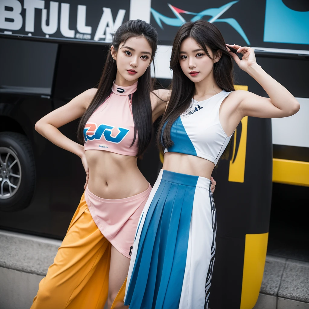 Ultra detailed face、Cool woman、Colorful costumes、F1 Driver Cosplay、Colorful costumes、Clothing with company logo、Grid Girlsのカラフルで派手な衣装、Grid Girls、Perfect Face、Paddock Girls、Harem、motor Show、tights、Bodycon Costumes、Grid Girls、Russia、Grid Girlsのコスプレ、belly button、Pleated skirt、Bodycon Costumes、Photographed in a sexy pose