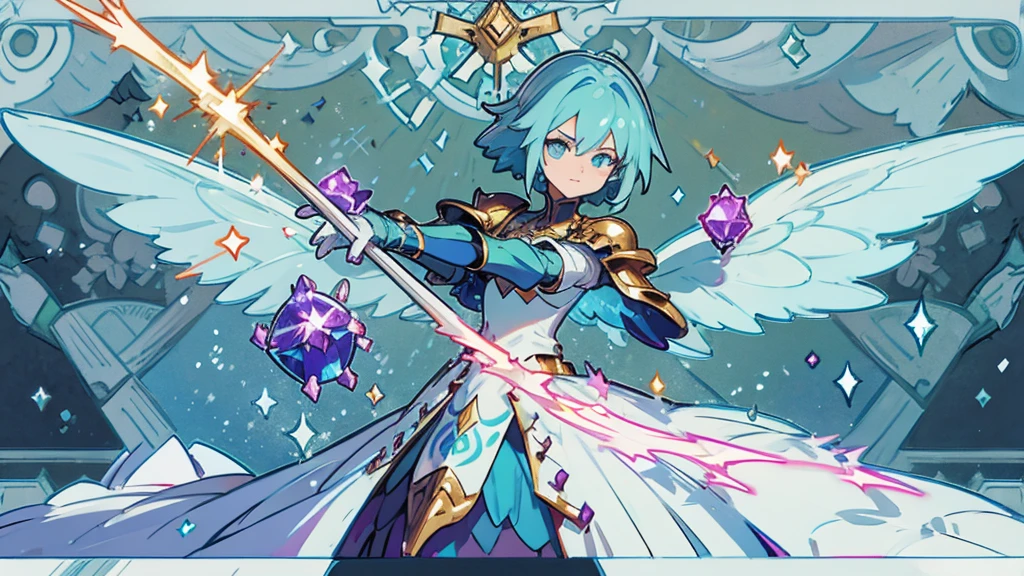 a minecraft background showing mountains and a dungeon. In the middle, a minecraft avatar with bright blue diamond armor in heroic pose, flying forward with wings. In a corner, the minecraft dragon throwing purple fire, with an expression of concern. Add glitter and sparkles to the armor, and arrows that guide the eye towards the dragon. Includes light and shadow effects for depth, with light borders around the avatar.