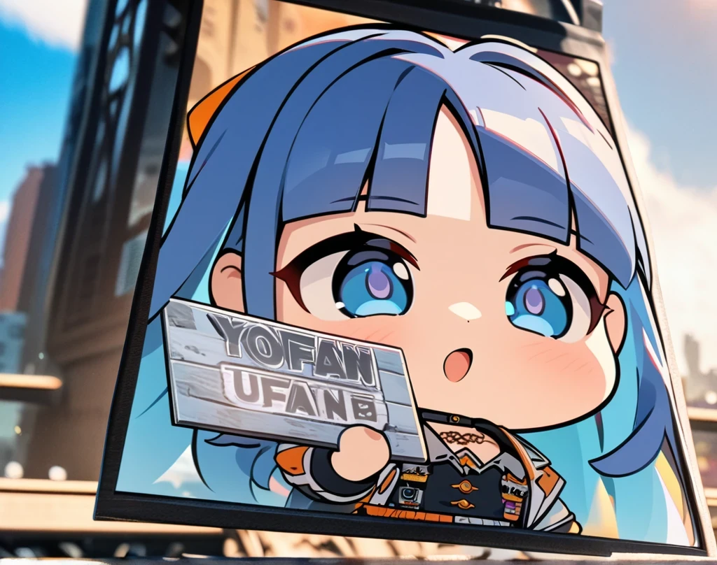 (masterpiece), best quality, ultra-detailed, 1024k UHD wallpaper, ultra-high resolution, depth of field, HDR, (extremely detailed CG 1024k wallpaper), Detailed face, Detailed Clothes, Ultra HD Photo, 1girl, long silky hair, 90's style, medium blue hair, blue eyes, holding a sign saying (yofan club) name in background, chibi, (newest anime art style)