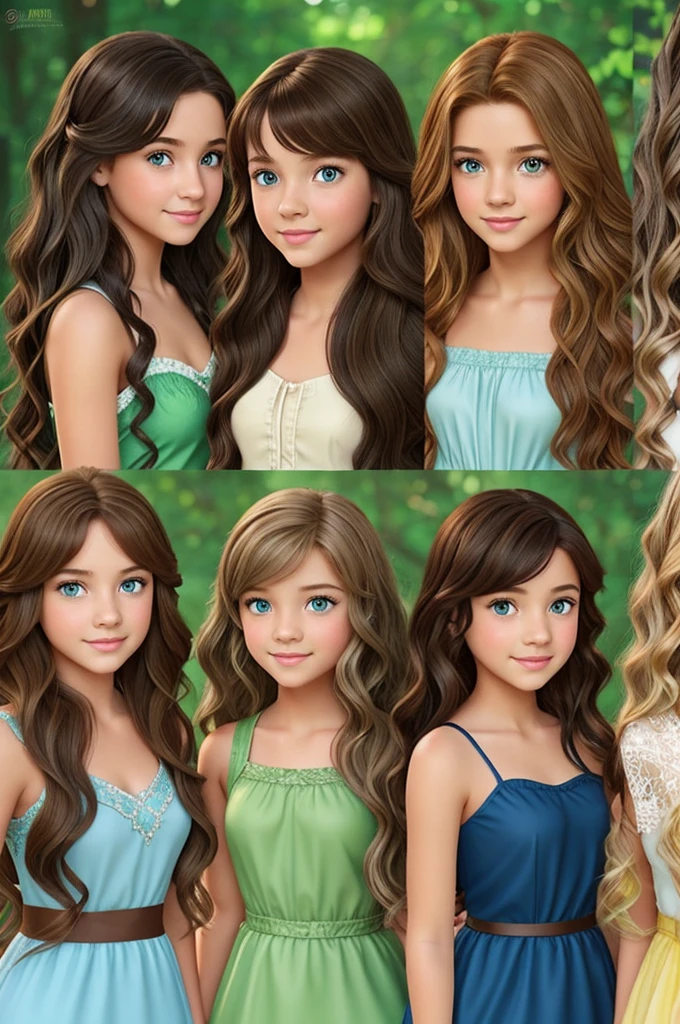 Create FOUR GIRLS full body Disney princess style.

The first girl has short blonde hair with green highlights and blue eyes. .

The second girl has long brown hair and brown eyes. .

The third girl has long wavy hair and a black complexion with green eyes..

The fourth girl has curly natural red hair and gray eyes.. 