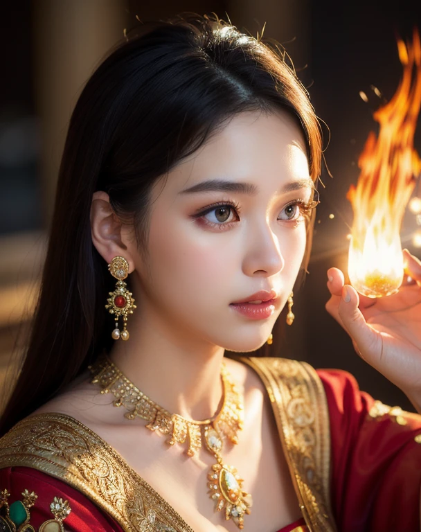 Highest quality,masterpiece,Ultra-high resolution,(photoRealistic:1.4)One girl,beautiful_face,Detailed skin,whole body,Yuhuosh,jewelry,alone,Earrings,(fire:1.3),Blurred,Realistic,lips,　笑face