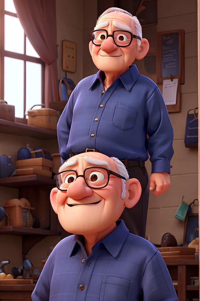 Elderly man without glasses, baldie, plumpness, wearing navy blue dress shirt