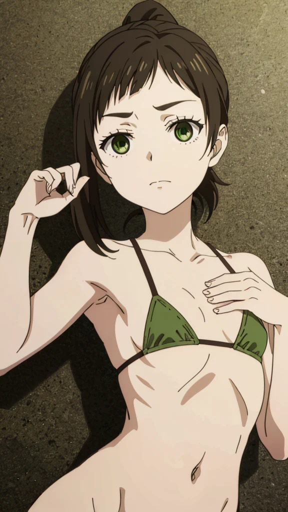 masterpiece, highres, solo, 8k, detailed, perfect face, best quality, (ultra high quality), looking viewers, (armpit), collarbone, bare arm, small breast, cleavage, dark brown hair, bangs, ponytail hair, green eyes, belly, stomach, navel, abs, micro bikini, slim body, upper body, emotionless, flat face, at forest, hands up