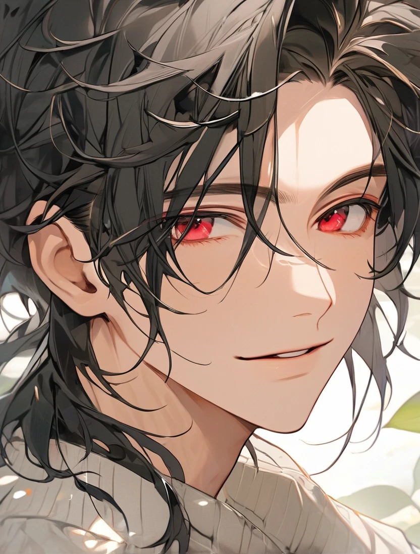 (Black_Hair), (red_ruby_eyes), (Handsome), (attractive), (male), (close_up_shot), (detailed_eyes), (detailed_hair), (clean_hair), (carefree_expression), (vertical_pupils), (peaceful_atmosphere), (jawline),