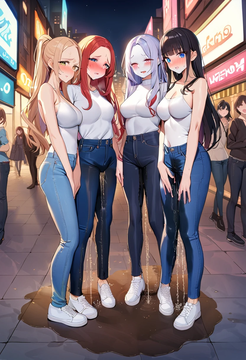 ((best quality, masterpiece:1.3, 8K)), (detailed), highly detailed face and skin texture, detailed eyes, downtown, night time, full body, (slender body:1.1), (a group of girls:1.2), 25 years old, white skin, bright lips, worried, embarrassed, long hair, (forehead:1.0), jeans pants, (flares jeans:1.2), blue jeans, (wetting themself:1.5), desperation:1.5,