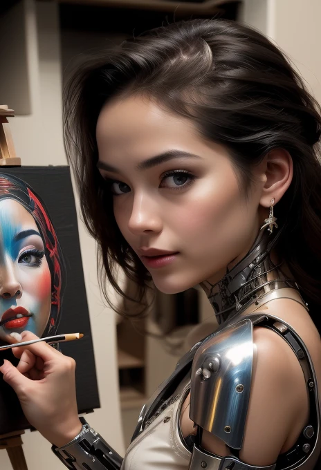 A cyborg girl stands in the center of a large bright studio and is engaged in creating her self-portrait on canvas. She is depicted in all her majestic beauty and elegance. Her metallic skin reflects the light, creating a play of hues and highlights like an expensive piece of jewelry.
Her long metal hair frames her face, giving her a mysterious and alluring look. Her bright eyes, in which light shimmers, stare straight ahead with confidence and the strain of creative inspiration.
The cyborg girl is depicted in a graceful pose, showing off her grace and strength as well as the fine workings of her mechanical limbs. Her hands hold brushes and are immersed in the creative process of creating a stunning work of art.
The outline of the self-portrait she is creating with oil paints is already outlined on the canvas. The drawing begins to come to life under her dexterous fingers, gaining depth and volume, and the coating of color fills the canvas with bright hues and rich colors.
This entire moment is captured in a gorgeous and amazing scenario that combines the beauty of art, power and technological advancement to make the cyborg girl a unique and inspiring image. beautiful shiny smooth, high quality, best quality, absurdres, masterpiece, beautiful, intricate details, 1/2 body crop, slim body, beautiful figure, magnificent anatomy, (intricate details:1.12), HDR, (intricate details, hyper-detailing:1.15), (natural skin textures, hyper realisitc, soft light, Sharp:1.2)