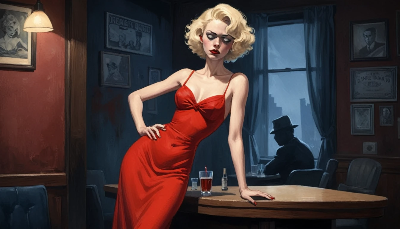 robert johnson, gritty, alabama bar, blue note, charismatic, red dress, illustration, noir fantasy, lone blonde lady, sad ending, saxophonist