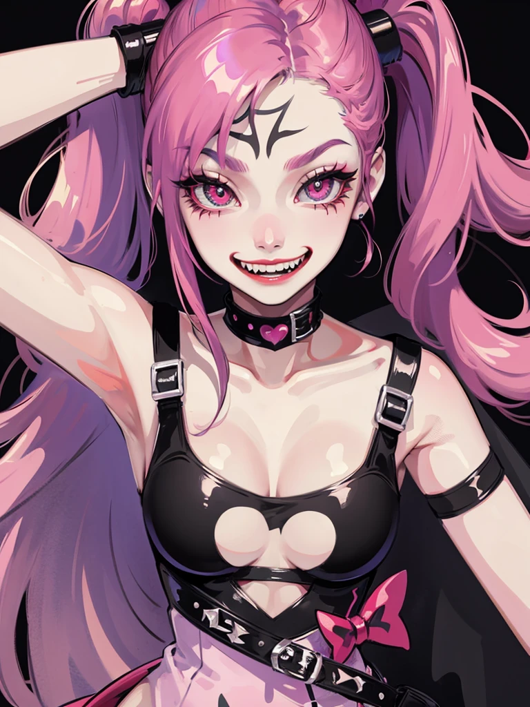 a harley quinn type psycho joker design with pink eyes and detailed dress