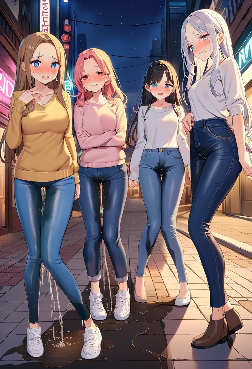 ((best quality, masterpiece:1.3, 8K)), (detailed), highly detailed face and skin texture, detailed eyes, downtown, night time, full body, (slender body:1.1), (a group of girls:1.2), 25 years old, white skin, bright lips, worried, embarrassed, long hair, (forehead:1.0), jeans pants, (flares jeans:1.2), blue jeans, (wetting themself:1.5), desperation:1.5,