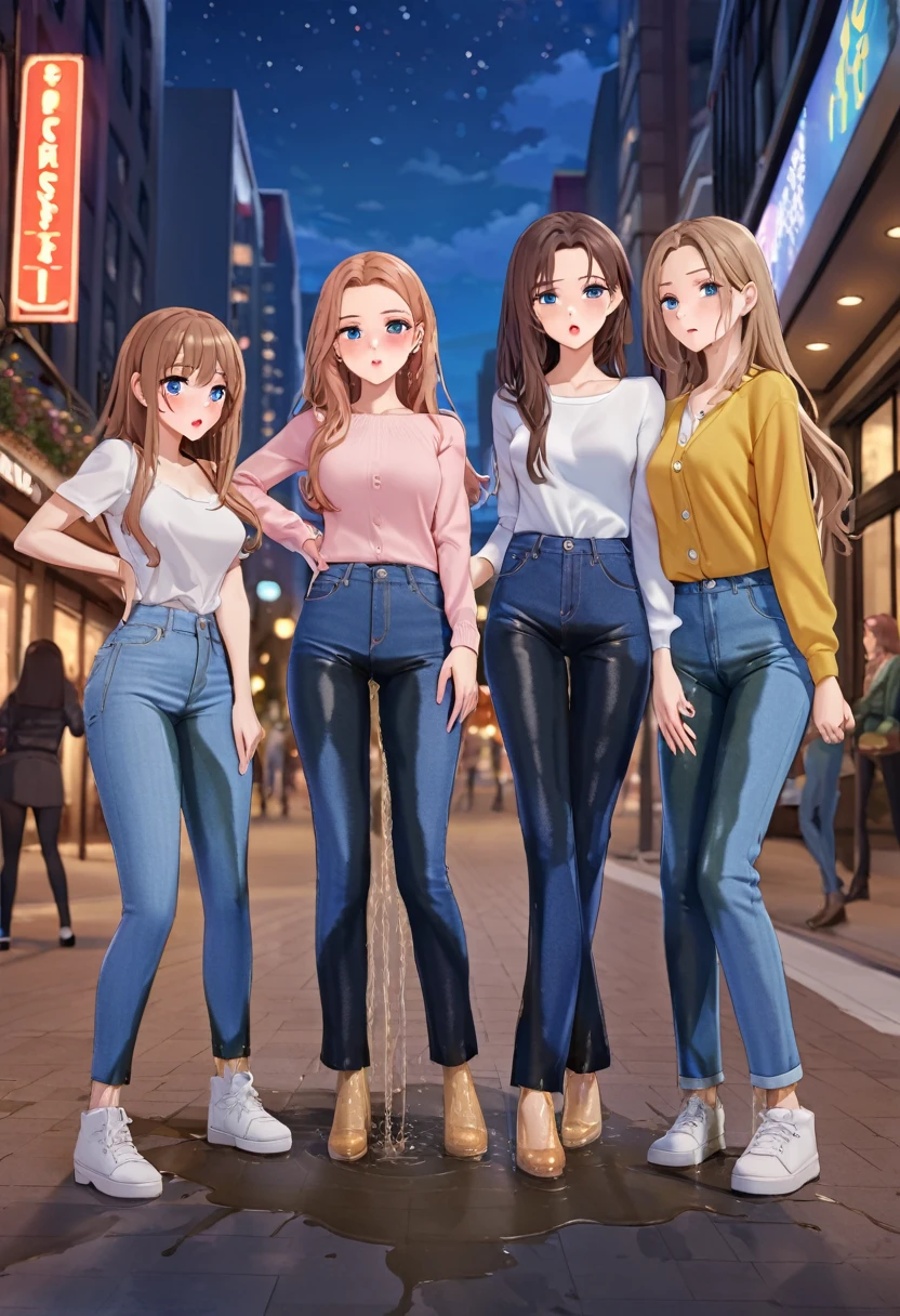 ((best quality, masterpiece:1.3, 8K)), (detailed), highly detailed face and skin texture, detailed eyes, downtown, night time, full body, (slender body:1.1), (a group of girls:1.2), 25 years old, white skin, bright lips, scared. worried, embarrassed, long hair, (forehead:1.0), jeans pants, flares jeans, tight jeans, blue jeans, (wetting themself:1.5), desperation:1.5,