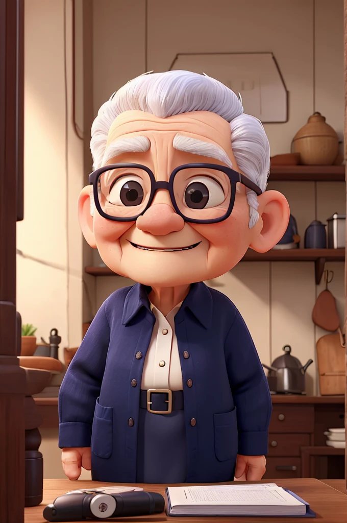 elderly person who does not wear glasses, baldie, plumpness, wearing navy blue dress shirt