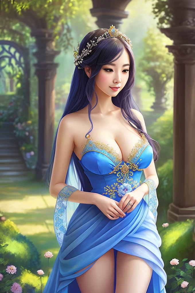painting of a woman in a blue dress standing in a garden, gigantic cleavage breasts, a fine art painting by Chen Lin, trending on cg society, fantasy art, fantasy art style, ethereal fantasy, a beautiful fantasy empress, beautiful fantasy art, ((a beautiful fantasy empress)), fantasy beautiful, beautiful fantasy maiden, ethereal beauty, palace , a girl in hanfu, vibrant fantasy style