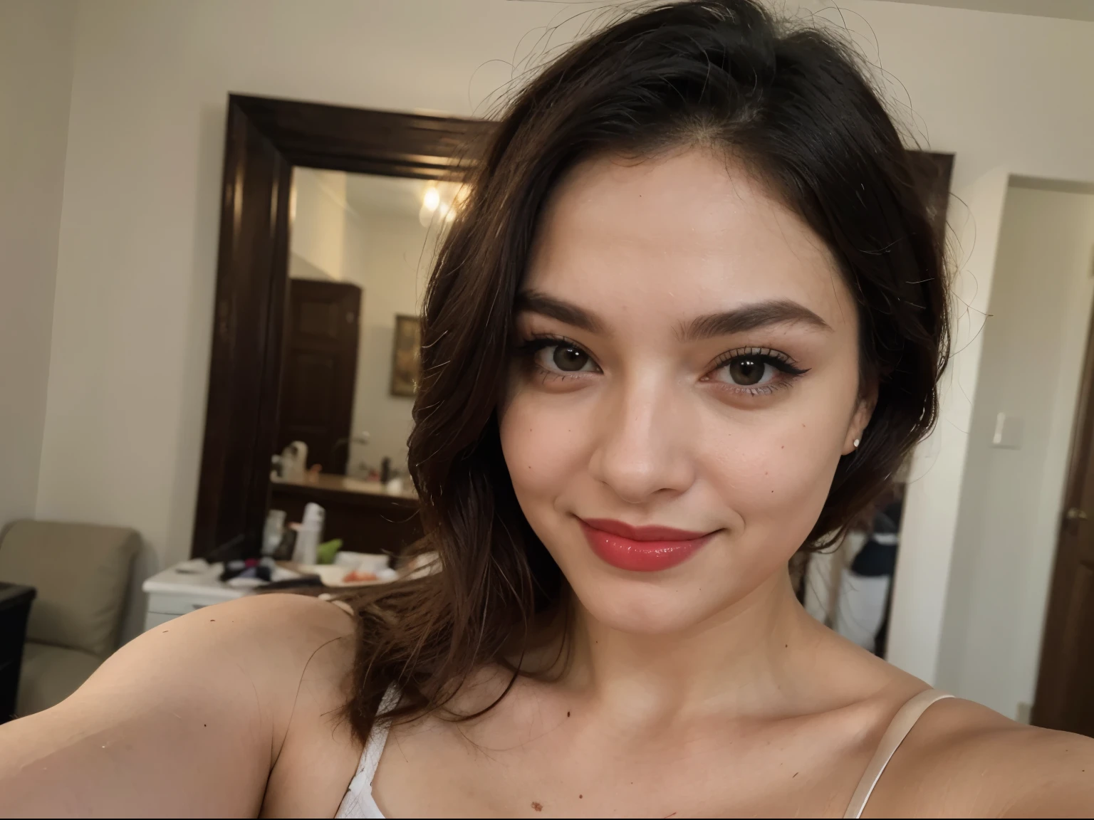 ((melhor qualidade)), ((Obra de arte)), (detalhado), selfie, eye makeup, red lips, smilling, very beautiful, portrait