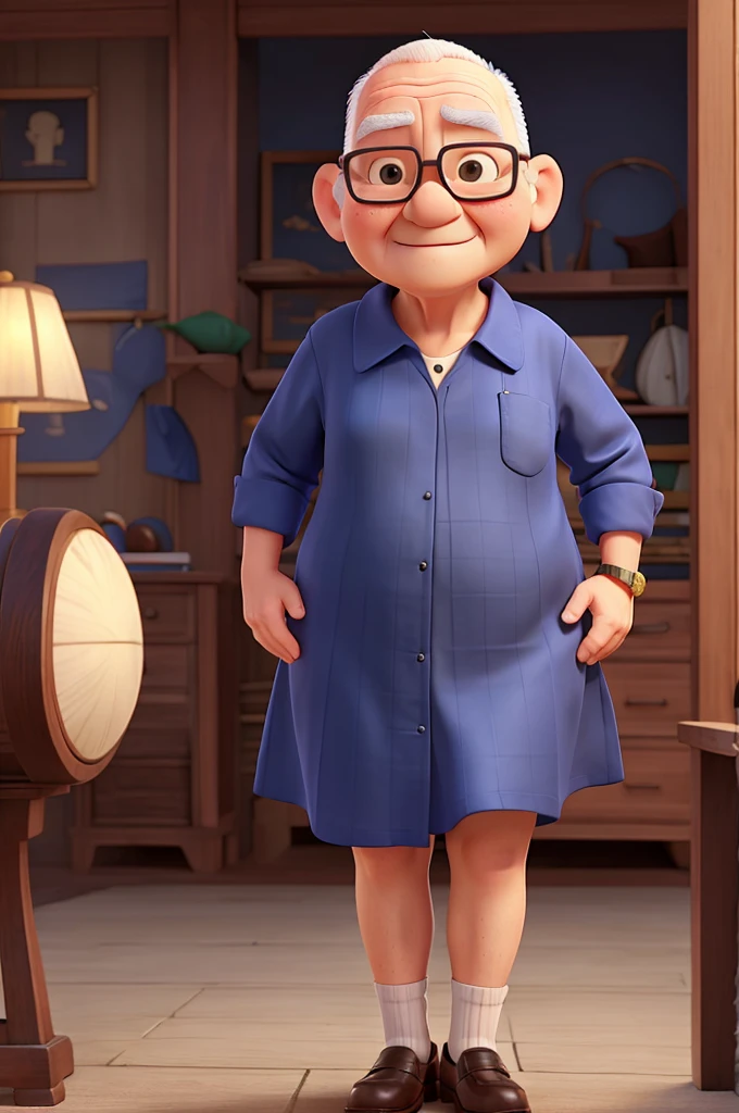 senior citizen, baldie, plumpness, wearing navy blue dress shirt