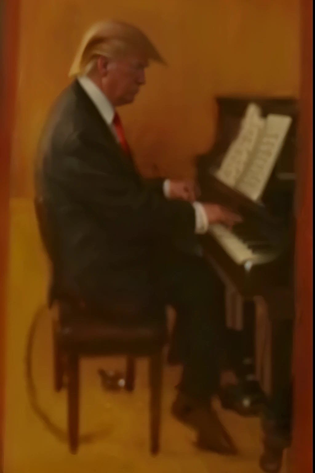 create keeping the same keys, Donald Trump playing the piano and looking at the rigth