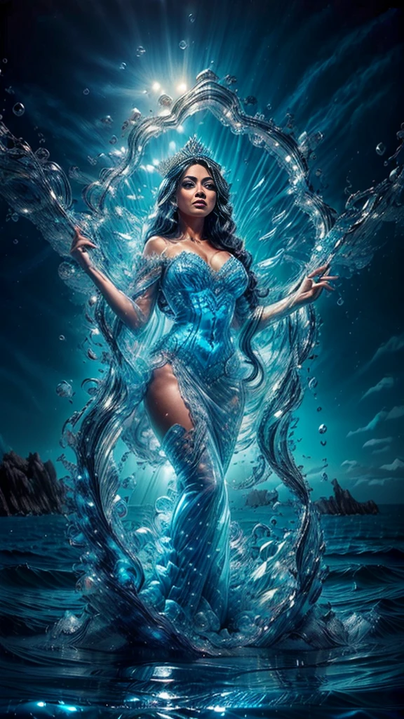 "(masterpiece: 1.2), 8K UHD resolution, Latina Water Goddess Adult model Daisy Marie, standing ethereal amidst a vast shimmering ocean. Her silhouette merges with cascading waterfalls and fluid streams. Wearing a detailed crown adorned with pearls, and a gown as translucent as liquid silk embellished with sea jewels and corals. In her hand, she holds a trident, a symbol of her dominion over the seas. Her intense, glowing blue eyes capture the essence of the ocean, radiating an inner luminescence that beckons the mysteries of the deep."