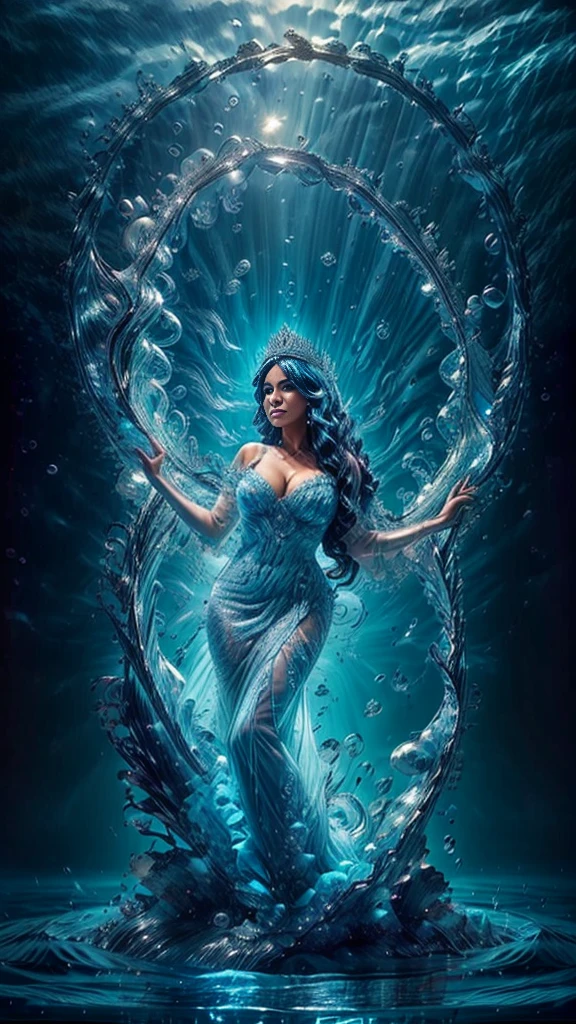 "(masterpiece: 1.2), 8K UHD resolution, Latina Water Goddess Adult model Daisy Marie, standing ethereal amidst a vast shimmering ocean. Her silhouette merges with cascading waterfalls and fluid streams. Wearing a detailed crown adorned with pearls, and a gown as translucent as liquid silk embellished with sea jewels and corals. In her hand, she holds a trident, a symbol of her dominion over the seas. Her intense, glowing blue eyes capture the essence of the ocean, radiating an inner luminescence that beckons the mysteries of the deep."