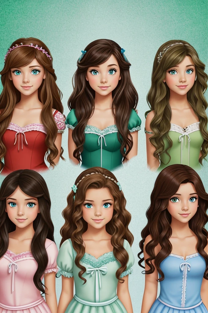 Create FOUR GIRLS full body Disney princess style.

The first girl has short blonde hair with green highlights and blue eyes. .

The second girl has long brown hair and brown eyes. .

The third girl has long wavy hair and a black complexion with green eyes..

The fourth girl has curly natural red hair and gray eyes.. 