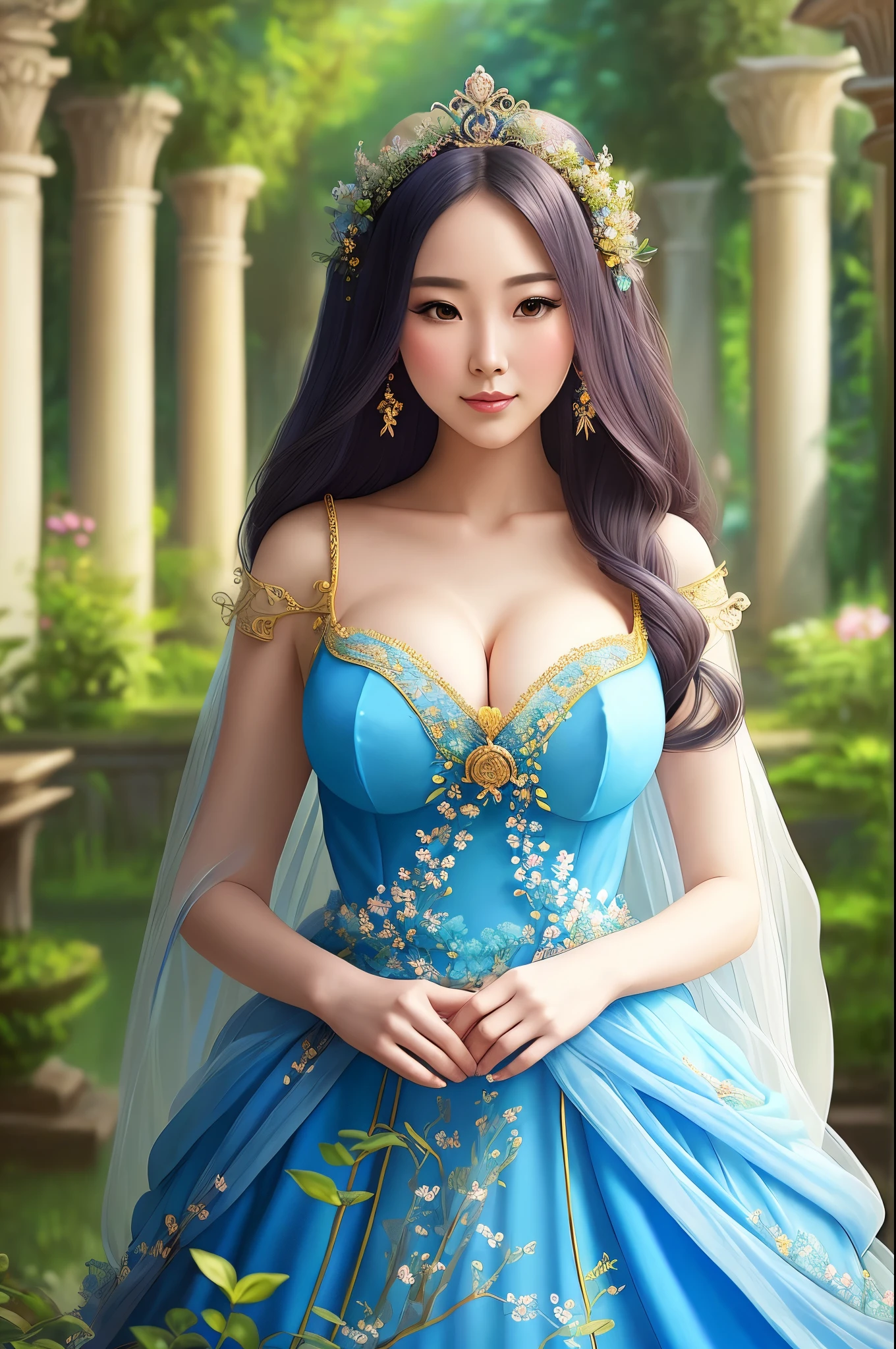 painting of a woman in a blue dress standing in a garden, gigantic cleavage breasts, a fine art painting by Chen Lin, trending on cg society, fantasy art, fantasy art style, ethereal fantasy, a beautiful fantasy empress, beautiful fantasy art, ((a beautiful fantasy empress)), fantasy beautiful, beautiful fantasy maiden, ethereal beauty, palace , a girl in hanfu, vibrant fantasy style