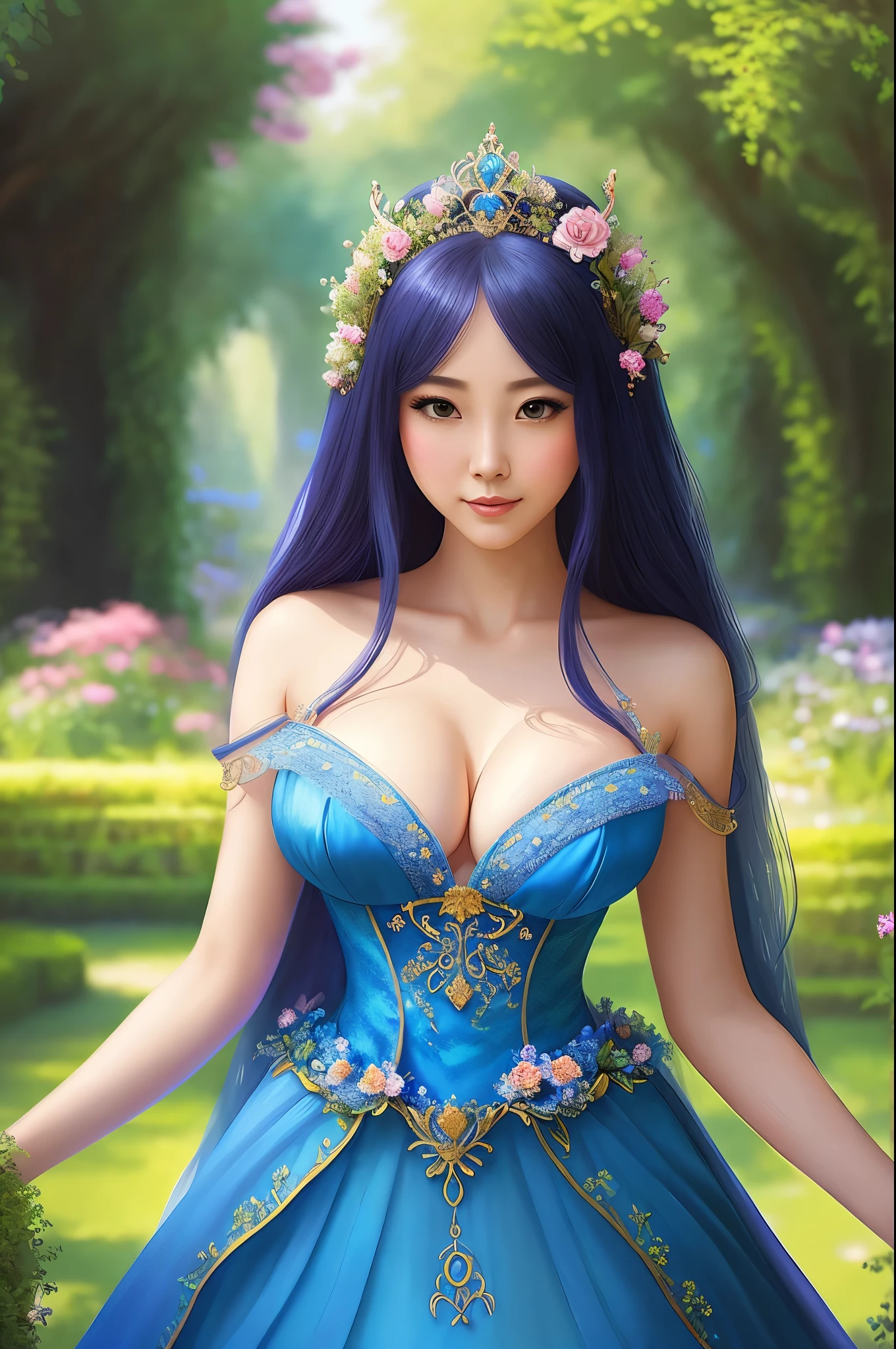painting of a woman in a blue dress standing in a garden,  gigantic cleavage breasts, a fine art painting by Chen Lin, trending on cg society, fantasy art, fantasy art style, ethereal fantasy, a beautiful fantasy empress, beautiful fantasy art, ((a beautiful fantasy empress)), fantasy beautiful, beautiful fantasy maiden, ethereal beauty, palace ， a girl in hanfu, vibrant fantasy style