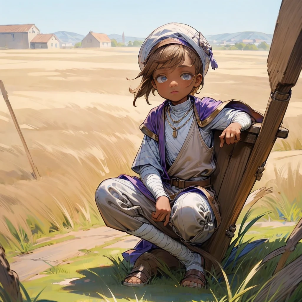 1little boy, Full body version, 1character, blue eyes color, sad eyes, eyeliner, tan skin, classic fade haircut, almond eyes type, brown colour hair, medieval clothing style, breton hat, white eye mask, vest armor, purple color clothing, silver necklaces, bandage on hand, Grassroots background in field town, motion blur 