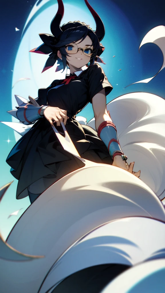 (masterpiece, best quality:1.2),1girl,mature female,pale skin,small breasts:1.49,dragonmaid house, house dragonmaid, yugioh, hair bow, short hair, black hair, (blue eyes:1.5),(black dress with a white arpon:1.2), eye details,teasing smile, clean detailed anime art,high resolution, (perfect hands, perfect anatomy),wear eye glasses, anime style, dragon horn on head