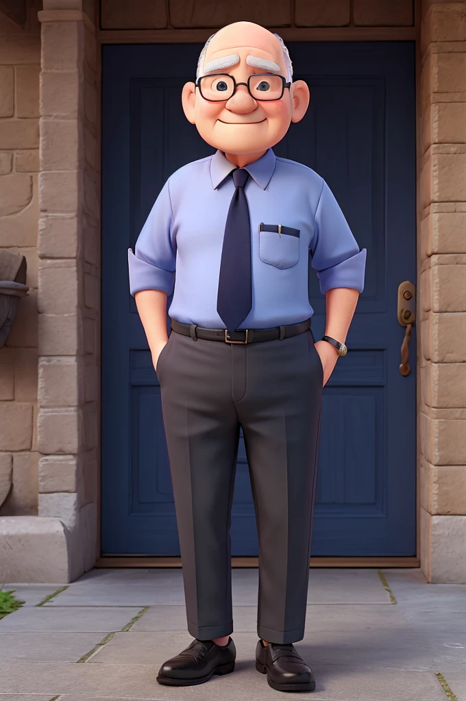 senior citizen, baldie, plumpness, with navy blue dress shirt and black pants