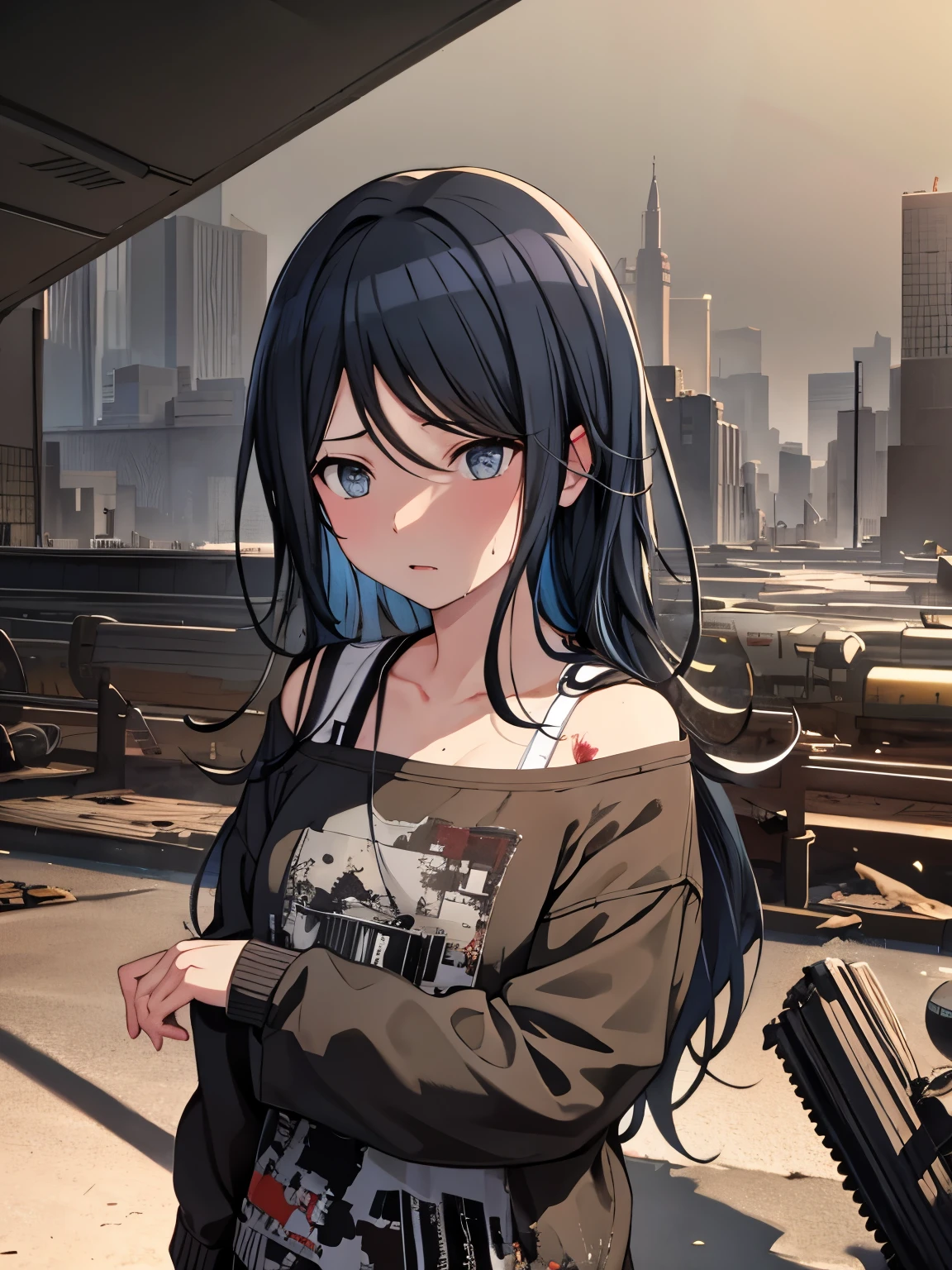 Black Hair　long hair　Tired look　 desolate city　tattered clothes　sweating