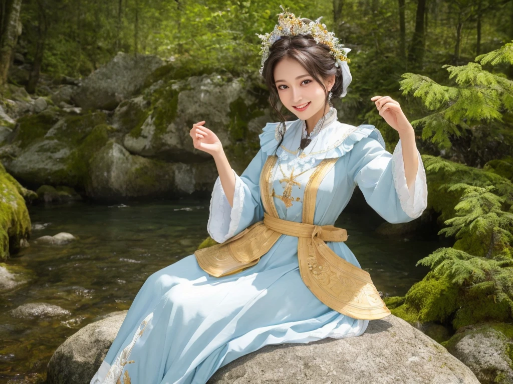 Cute Woman sitting on rock 、Beautiful forest, high mountains of the Alps, one bird 、Realistic, Masterpiece, Cinematic, Gorgeous national costume, detailed beautiful eyes, Gorgeous national costume, beautiful detailed eyes, a smile that reveals a hint of white teeth